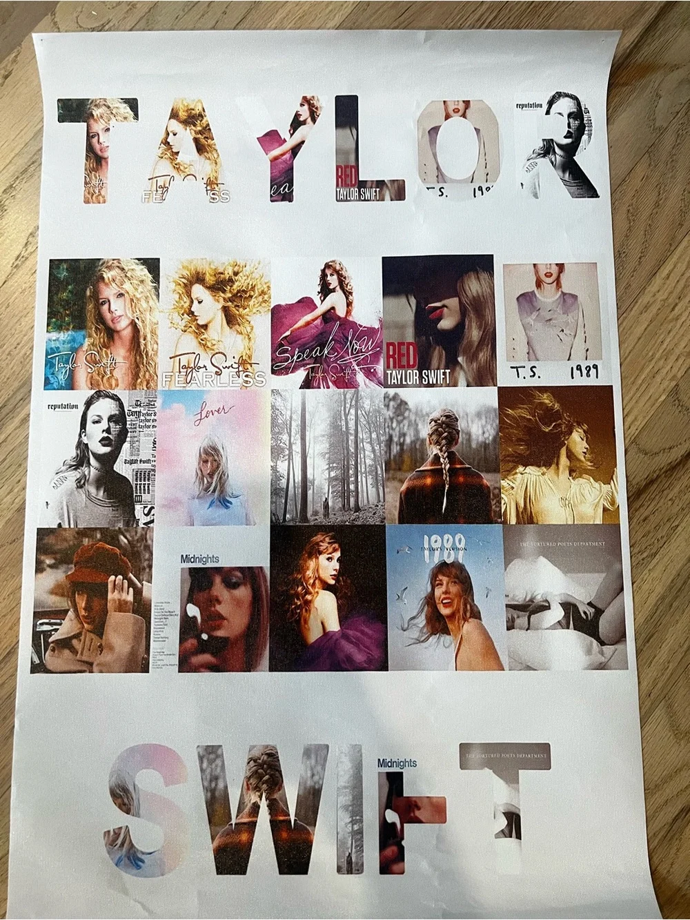 Taylor Swift Collage Poster with Cream, Brown, Gold and Blue Accents
